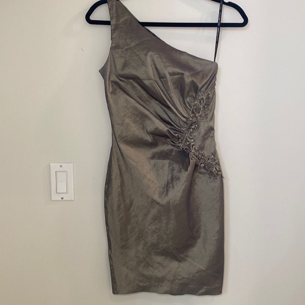 Jessica McClintock Vintage One Shoulder Embroidered Dress Metallic Taupe Size 4